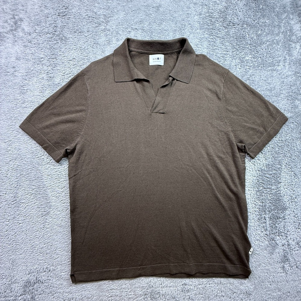 NN07 Ryan 6311 Cotton & Linen Johnny Collar Polo Shirt Brown Mens XL Preppy